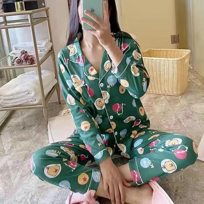 Piyama pp wanita | baju tidur lengan panjang wanita import spandek krah kancing-PpK KO DUCK GREEN