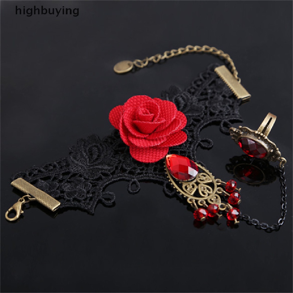 Hbid Gelang Sambung Cincin Bahan Lace Desain Mawar Merah Gaya Elegangothic Adjustable Untuk Wanita