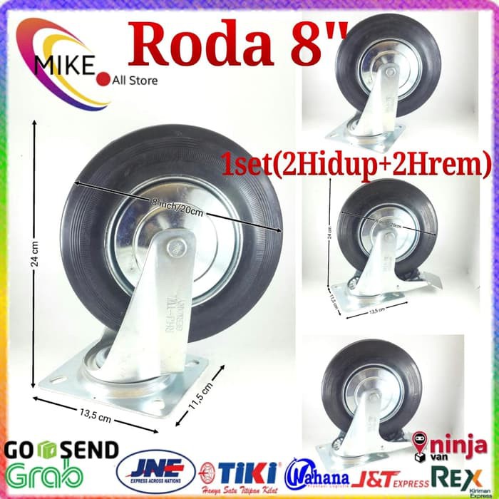 Roda Troli 8" 1set(2H+2Hrem) Roda Karet 8inchi etalase 8 inch Troly