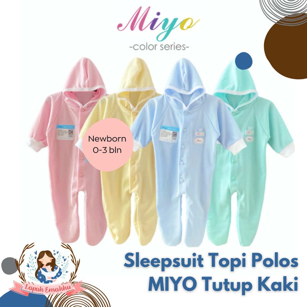 Sleepsuit  Baju Bayi Kodok MIYO Topi Tutup Kaki Warna Polos & Motif Newborn -Perlengkapan Bayi