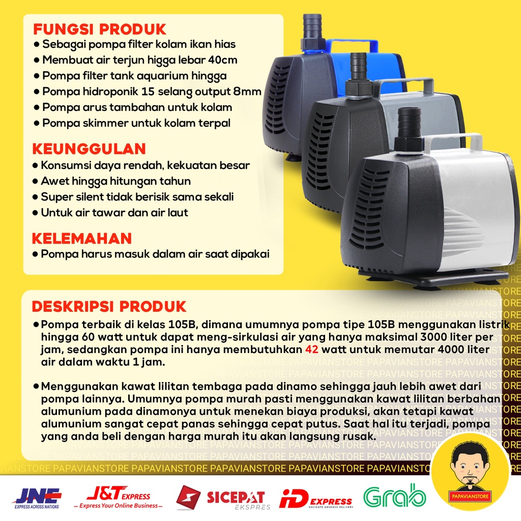 Mesin Pompa Filter Air Kolam Ikan Hias Koi Aquarium Tank Predator Submersible Hidroponik Hydroponic Water Pump Celup Waterfall Air Terjun Rendam - 3500 LPH Liter Per Jam 3 Meter Low Watt Rendah Daya Ketinggian 3m - Bukan Sunsun JTP Resun Atman P005