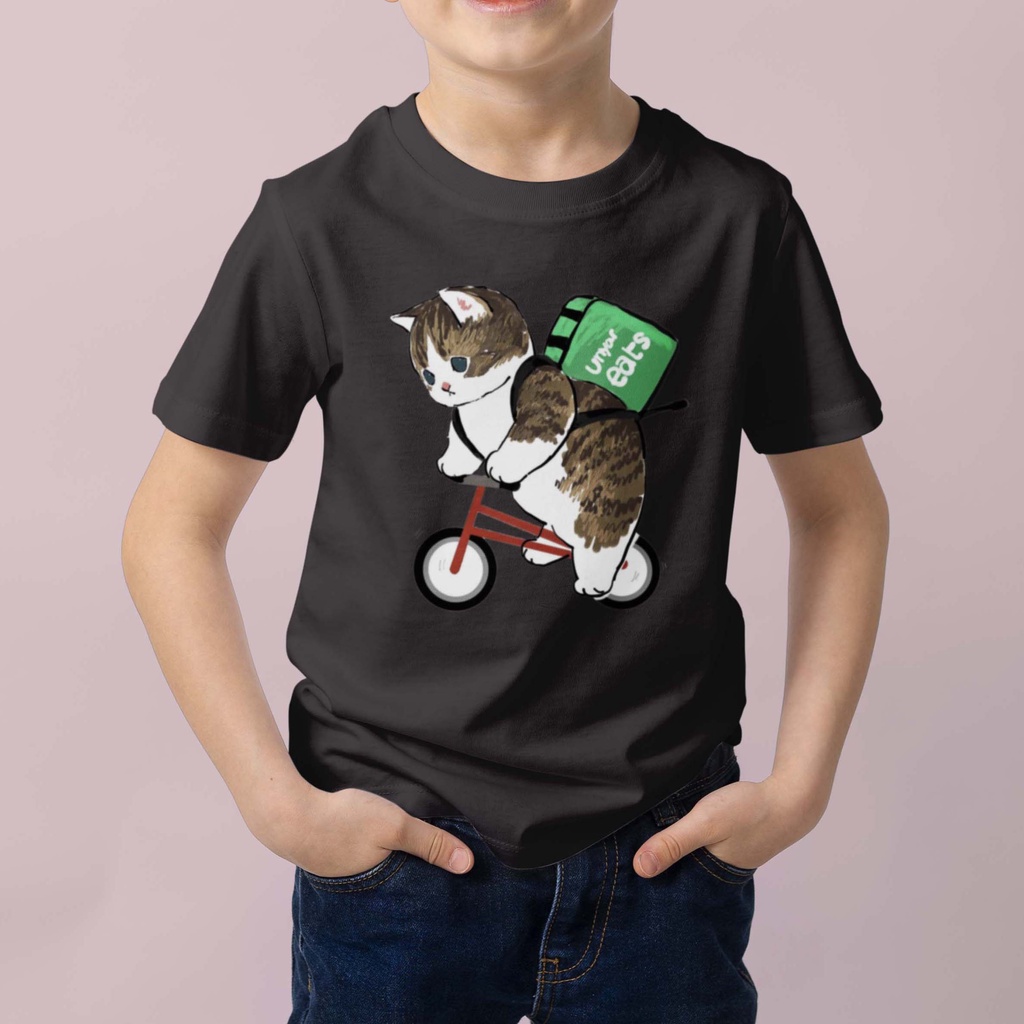 Kaos Anak Cowok Cewek Kucing Bersepeda Cotton Combed 30S