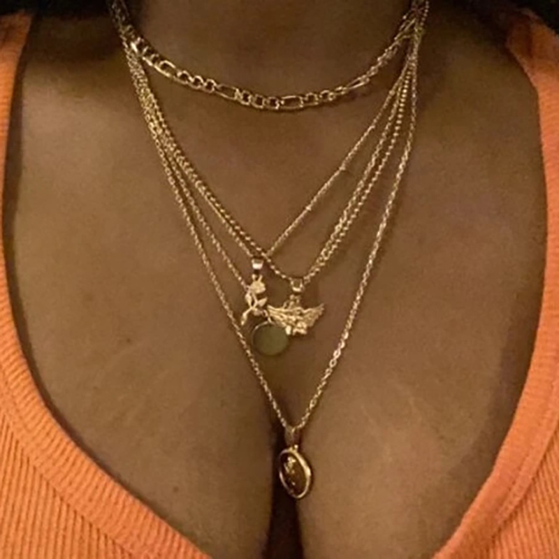 Vintage Multilayer Metal Chain Pendant Necklace for Women Bohemian Gold Coin Flower Angel Collar Pendant Necklace Jewelry Gift