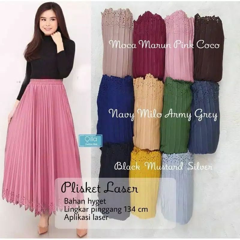 QILLA ROK PLISKET LASER MAYUNG | ROK CUT MOTIF LASER | PLEATED FLARE SKIRT LASER