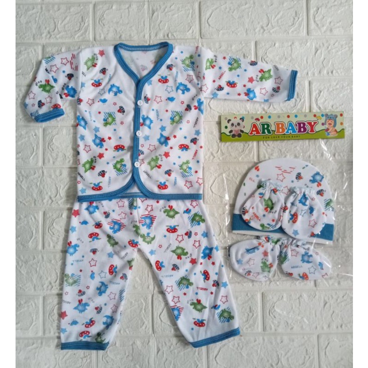 setelan baju bayi baru lahir+set topi sartaki putih motif arsell