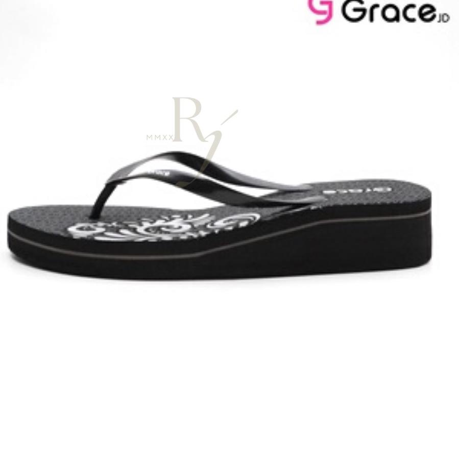"BNU.02Jl22ᵛ" GRACE [FLORA] Sandal Jepit Wedges Hak Spon Hitam/ Sendal Jepit Simple Wanita Helen