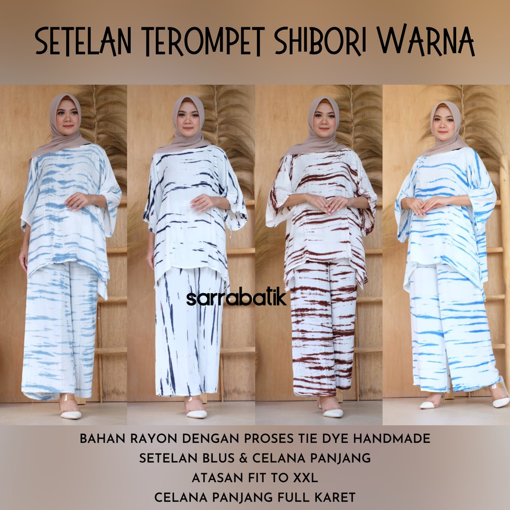 Setelan Terompet Shibori Warna Batik Trippy Set Tie Dye Jumputan Rayon Daily Set Home Jumbo Muslim