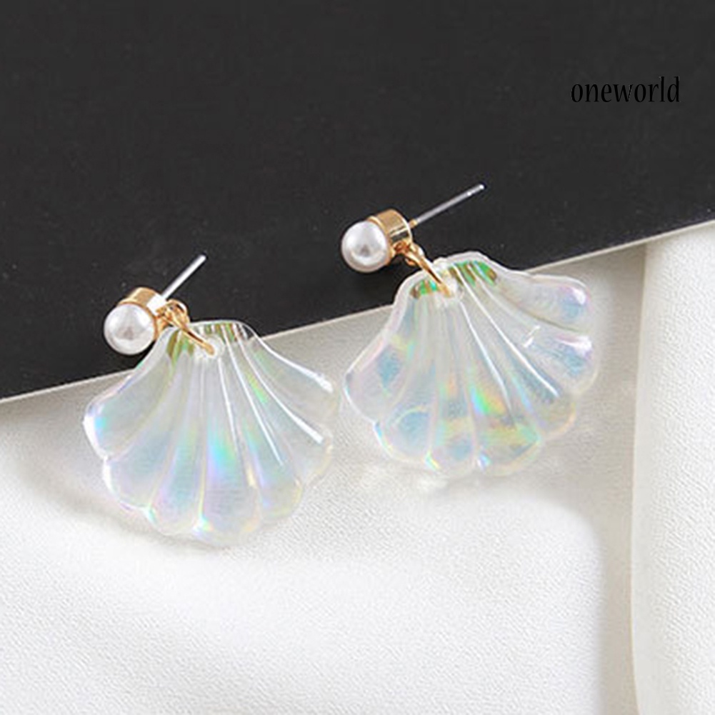 OW@ Colorful Resin Mermaid Rainbow Imitation Pearl Shell Women Stud Earrings Gift