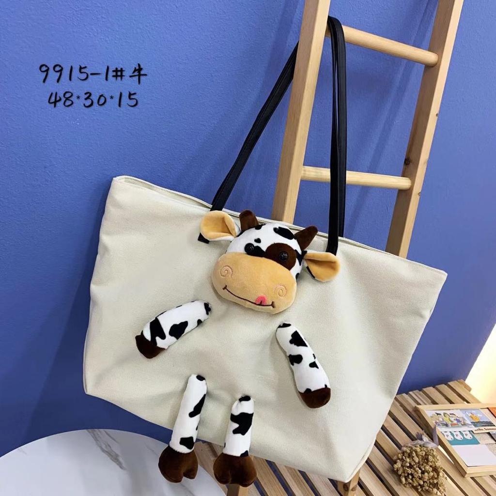 Tas Tote Bag Bahu Shoulder Bag Wanita Ukuran Besar Boneka Sapi Cow Lucu Impor Bahan Kanvas