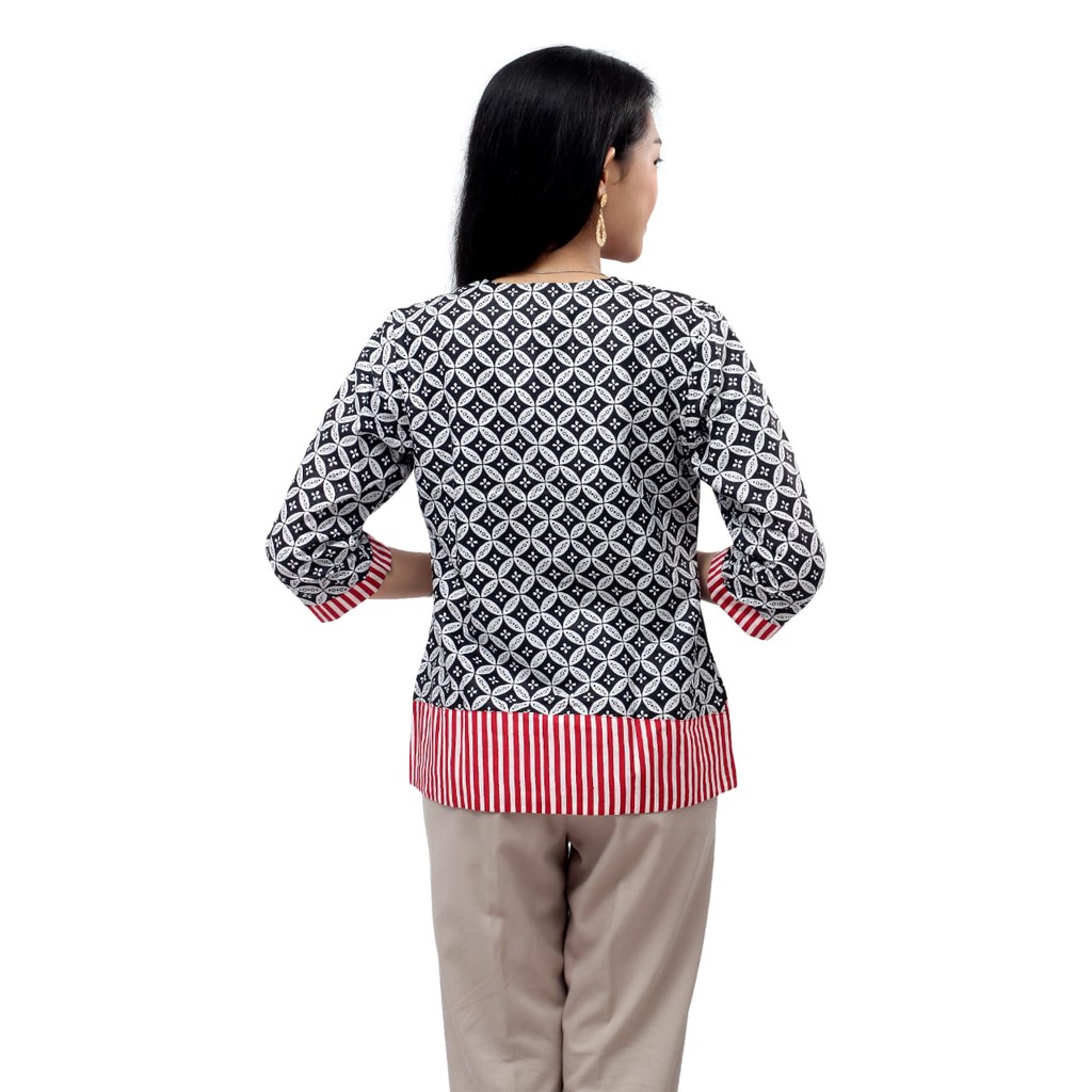 Batik Wanita Atasan Blouse Modern Trendy Warna Hitam Kombinasi Merah by batik dua putri collection