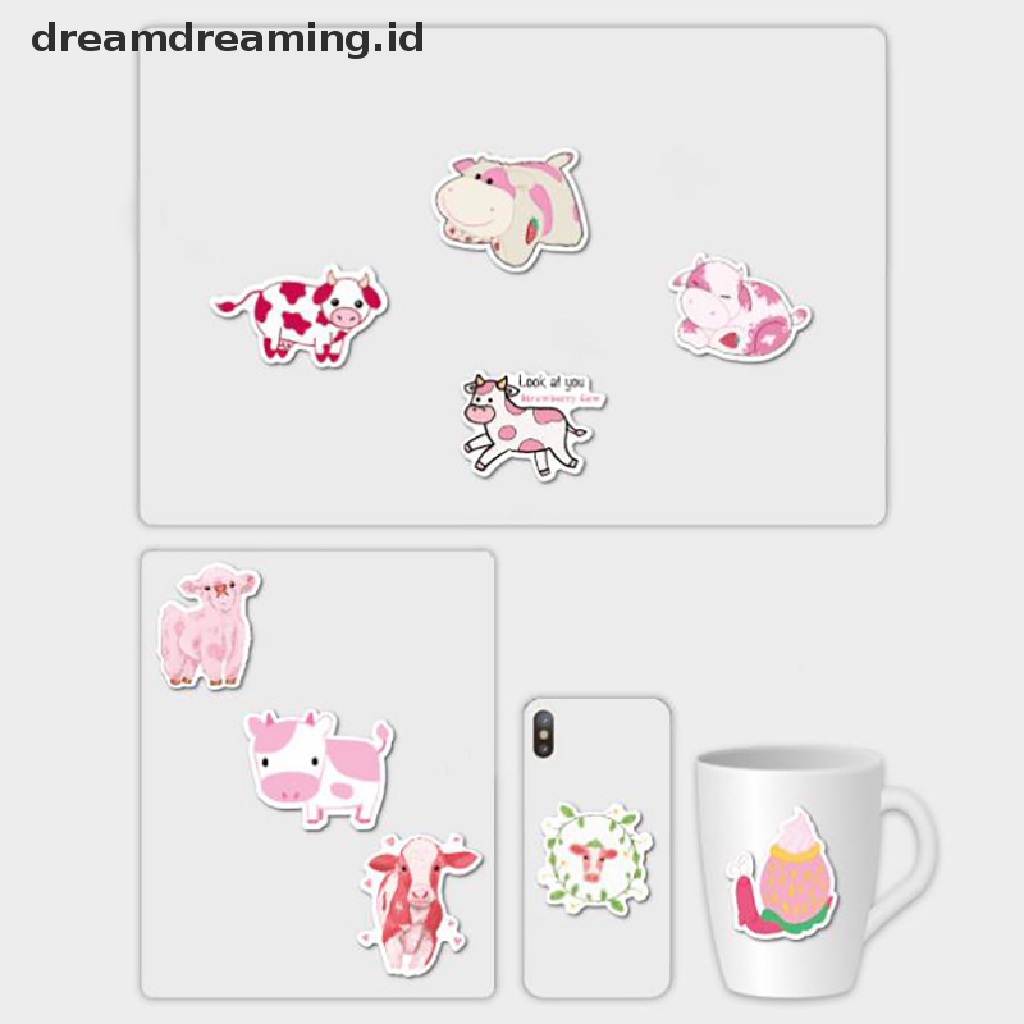 (dreamdreaming.id) 50pcs / Set Stiker Motif Kartun Strawberry / Sapi Untuk Dekorasi Laptop / Skateboard / Koper