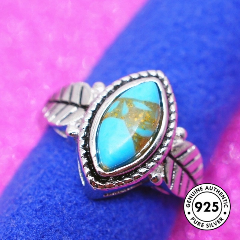 Cincin S925 Silver Bentuk Daun Turquoise Gaya Retro