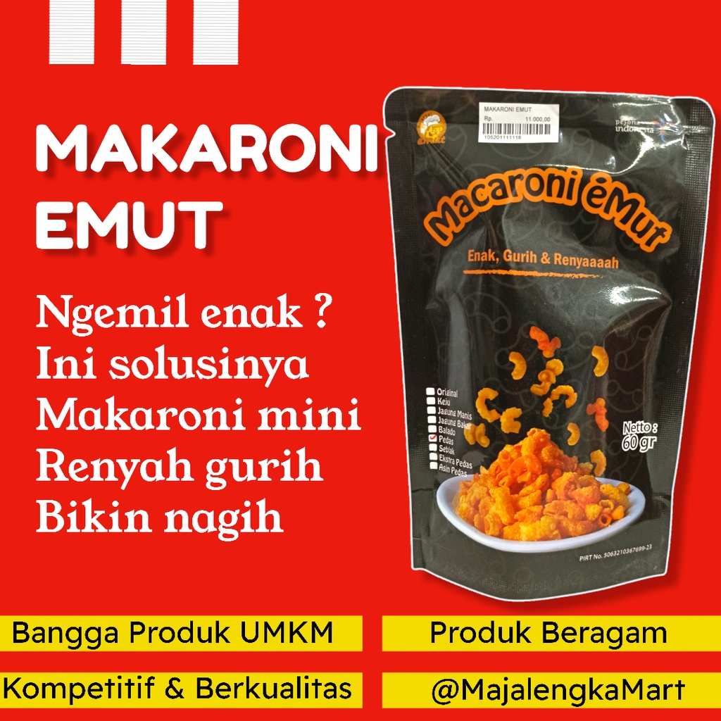 

Makaroni EMUT, Pedas Gurih Dan Renyah Majalengka Mart