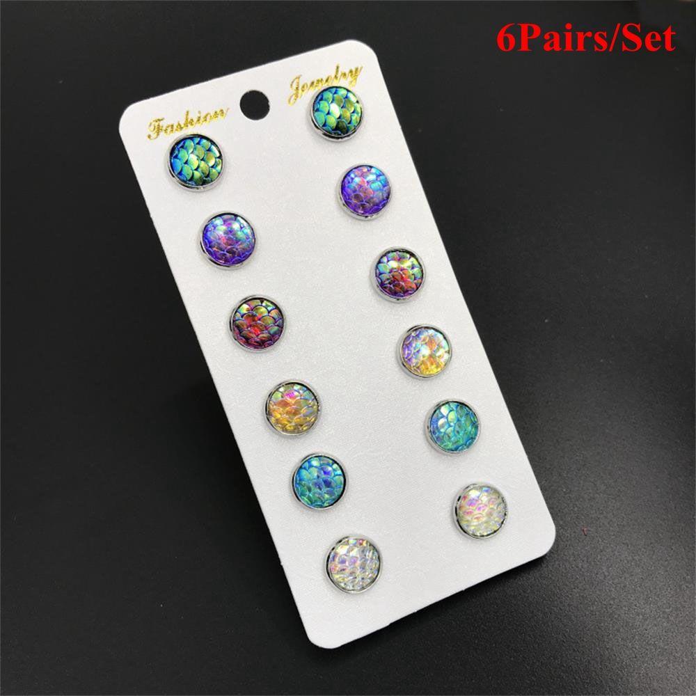 Solighter 6pasang/Set Anting Sisik Mermaid Perhiasan Bulat 12mm Unik