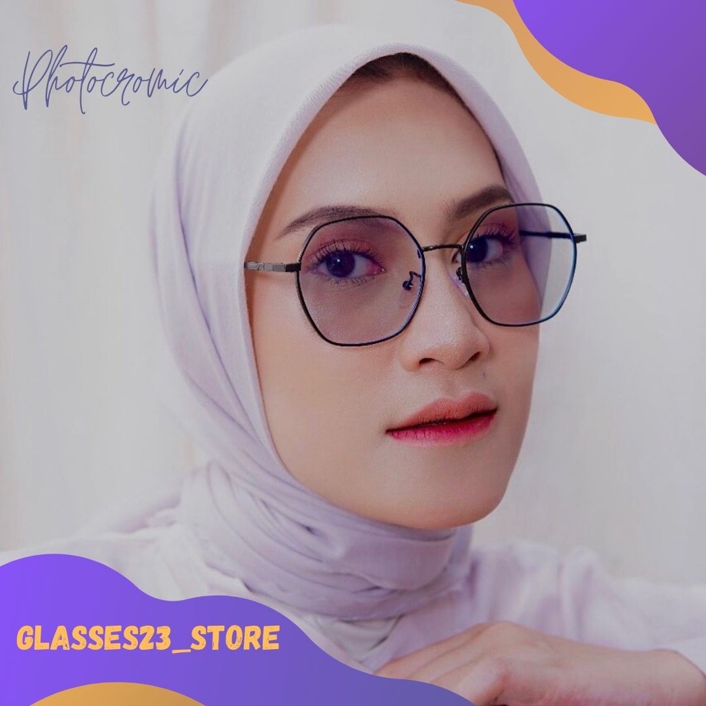 (FREE BOX + LAP) KACAMATA PHOTOCROMIC TERBARU WANITA PRIA VINTAGE FRAME OPTIK KACAMATA BERUBAH WARNA BLUERAY ANTI RADIASI SEGI 5