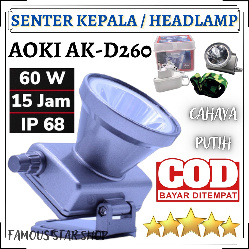 Senter Kepala Selam / Diving AOKI AK-D260 60w 60 Watt Super Led Baterai Lithium 2200mAh Super Terang Cahaya Putih Jarak Sorot Jauh 500meter dan Tahan 10 Jam NONSTOP | FMS