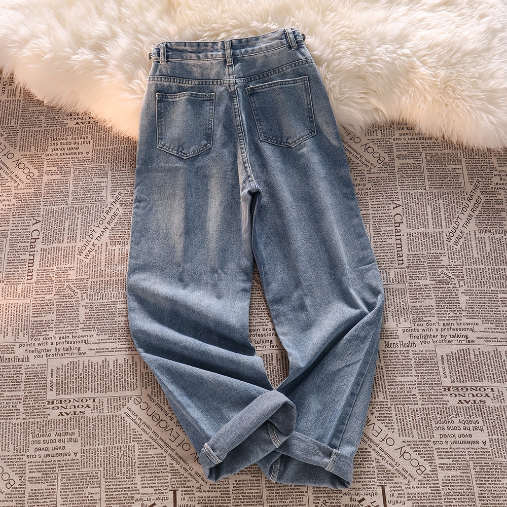 Biru Korea Highwaist Loose Kasual Celana Jeans Panjang Wanita(Pinggang bisa penyesuaian)