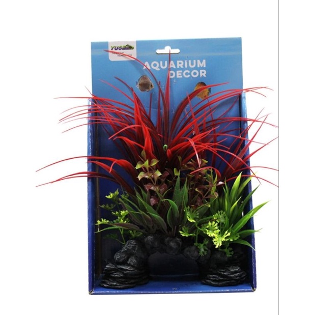 AQUARIUM PLASTIC PLANT MIXED COLOR 203 Tanaman Hias Akuarium Warna Warni Ukuran 18 x 10 x 30 cm plus Dasar Batu Karang