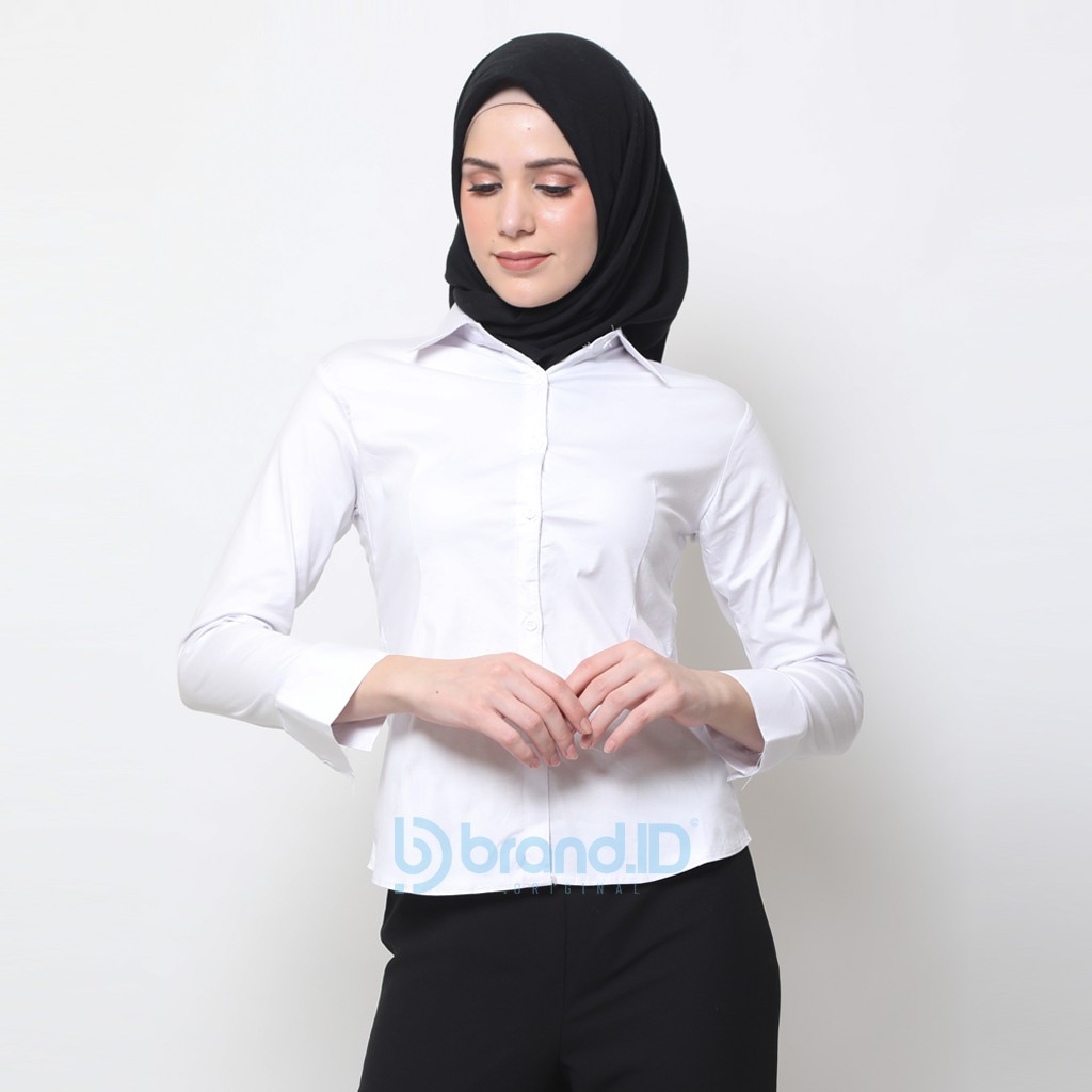 KEMEJA PUTIH WANITA POLOS TANGAN PANJANG KATUN STRETCH / BAJU KANTOR FORMAL KERJA CEWEK JUMBO