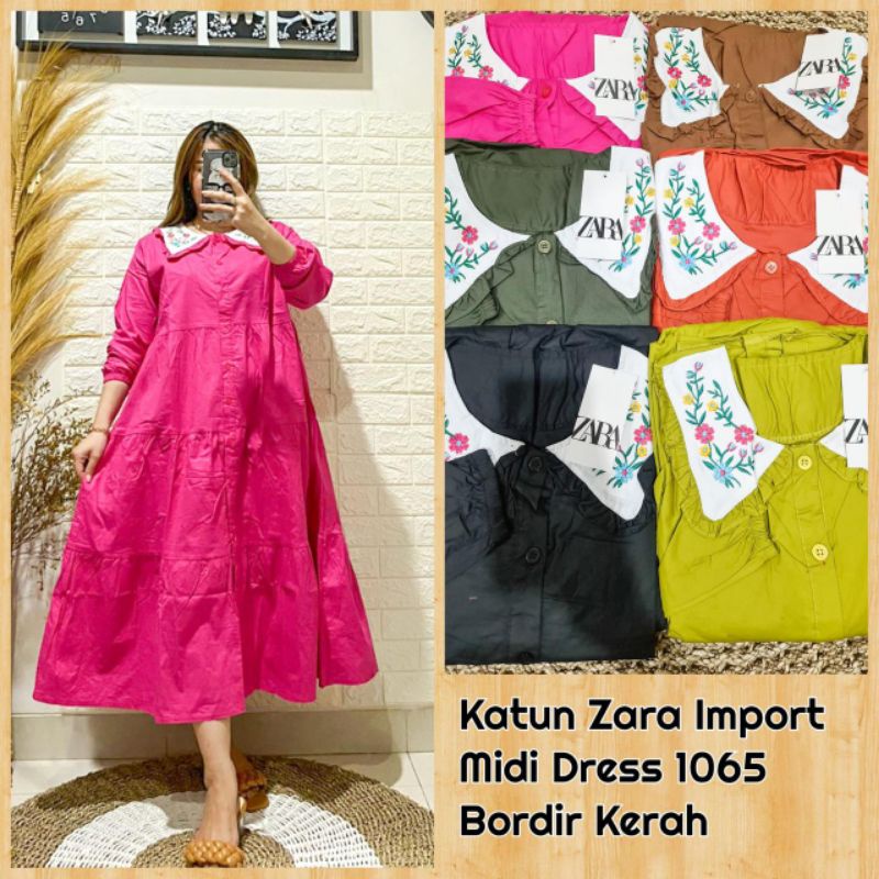 Midi dress katun poplin | Midi dress kerah bordir