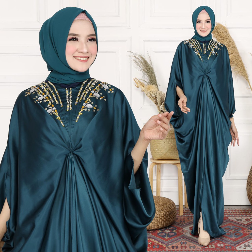HOPYLOVY Kaftan Wanita Kombinasi Permata Mewah Halimah / Baju Lebaran 2021 Kekinian