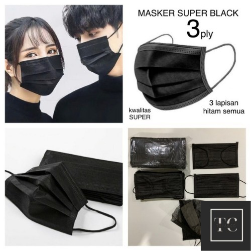 MASKER HITAM SURGICAL MASKER BEDAH 3 PLY BLACK (ISI 50PCS) - TRIASCO