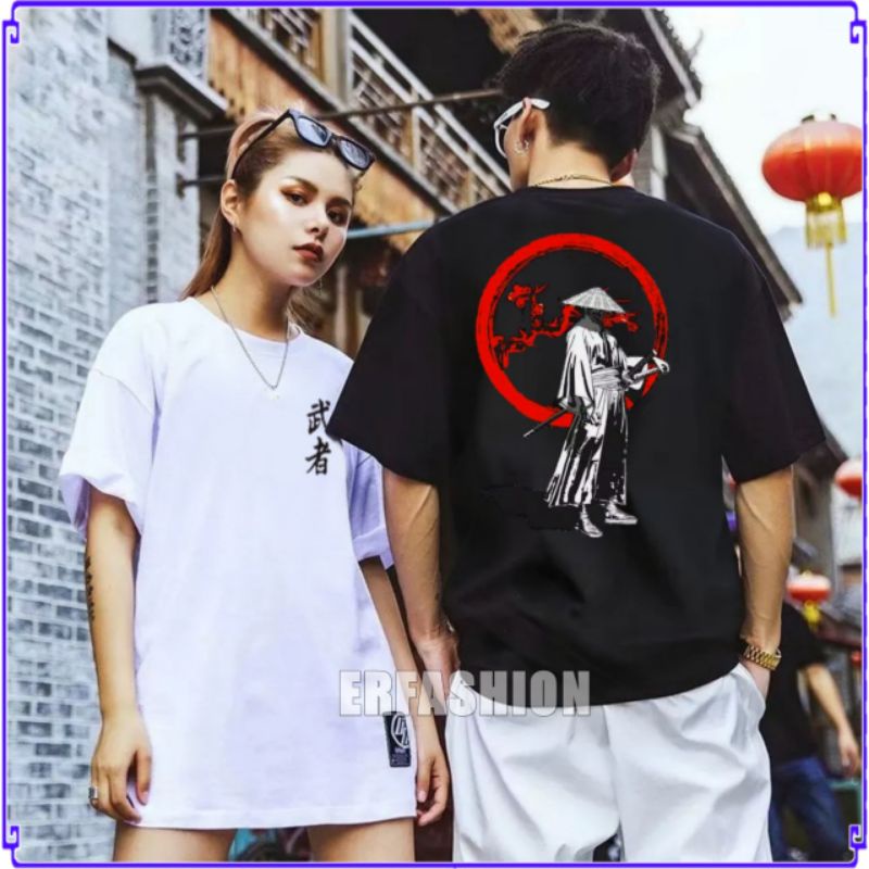 Erfashion Kaos Hitam Putih Oversize Samurai Batosai | Kaos Distro Unisex Samurai Jepang | Kaos Japan