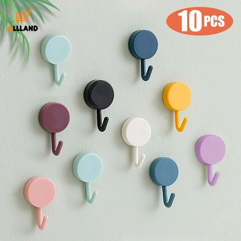 10pcs / Set Kait Dinding Penyimpanan Serbaguna Bentuk Bulat Warna Solid Untuk Mantel Handuk Payung