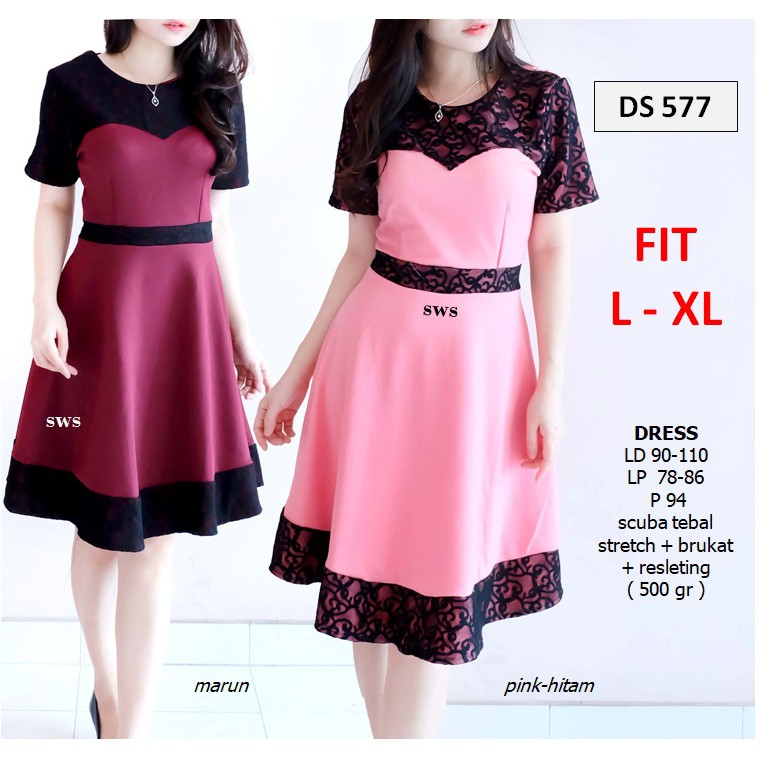 DS577 - DRESS PESTA FLARE LACE BRUKAT HITAM BODYCON FLARE  MURAH GROSIR