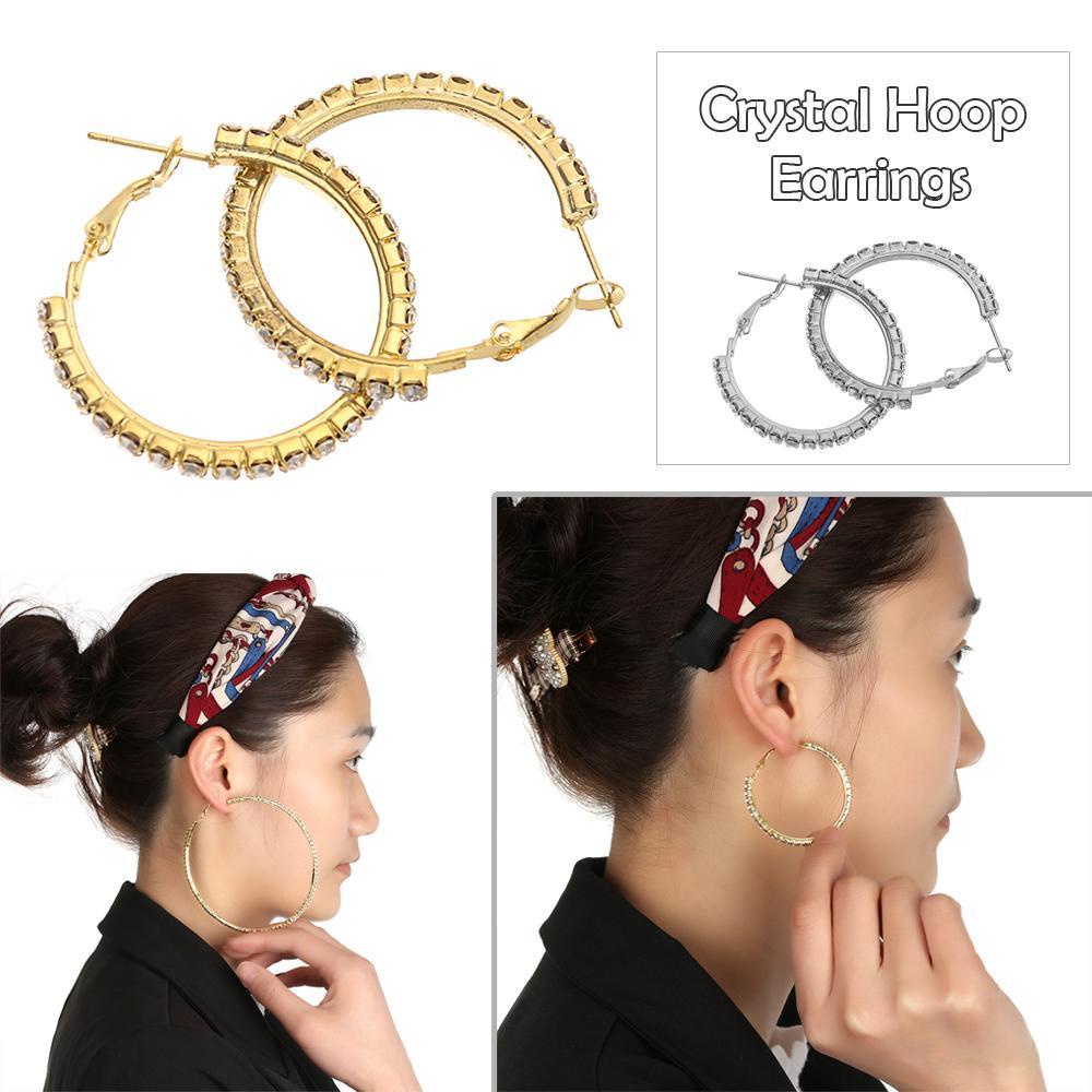 Chookyy Anting Hoop Kristal Shiny Bulat Lingkaran Besar Berlian Imitasi Menjuntai Perhiasan