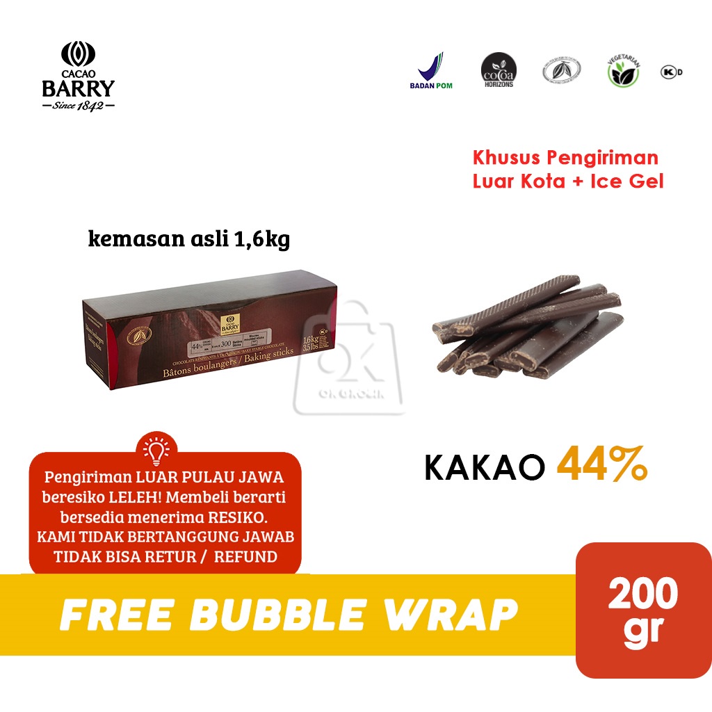 

Cacao Barry Callebaut BAKING STICKS 44% Dark Chocolate Batons (200 gr) LUAR KOTA + ICE GEL