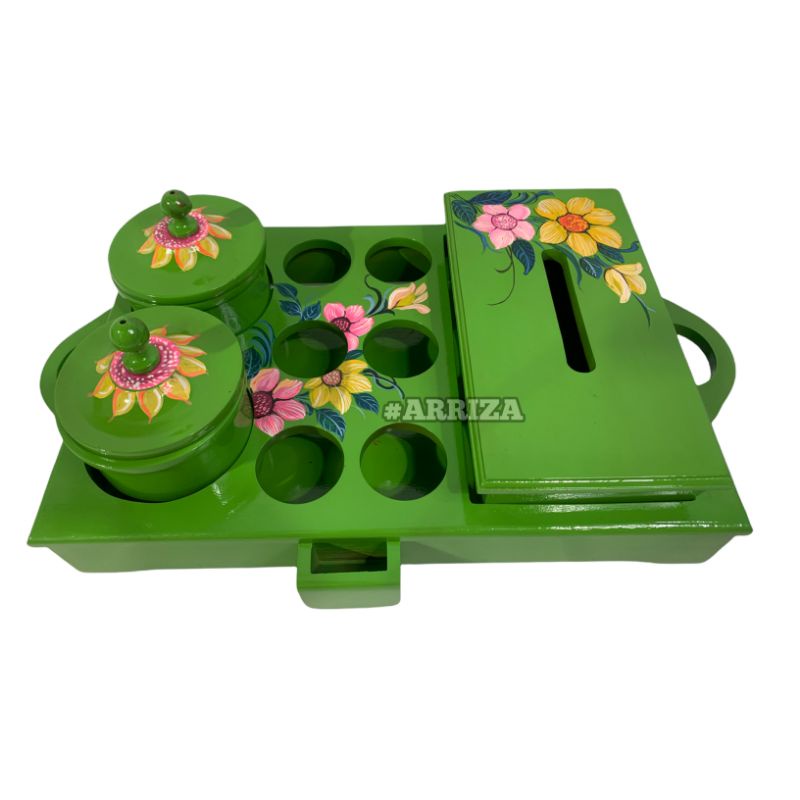 termurah TEMPAT AQUA GELAS SET TOPLES + TEMPAT TISU DARI KAYU JATI MOTIF WARNA HIJAU