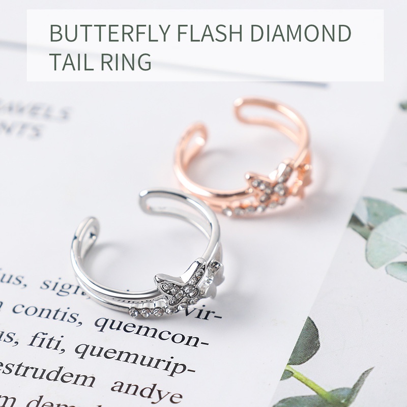 Korean Version Butterfly Double Layer Flash Diamond Tail Ring/ Creative U Shape Geometry Open Ring