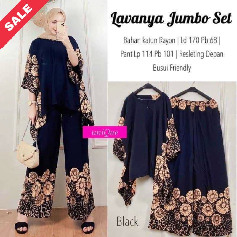 Lavanya Set Jumbo - One Set Jumbo Katun Rayon Tidie Premium Busui Setelan Wanita Waka Waka Set Celana Panjang Bigsize LD 140 cm