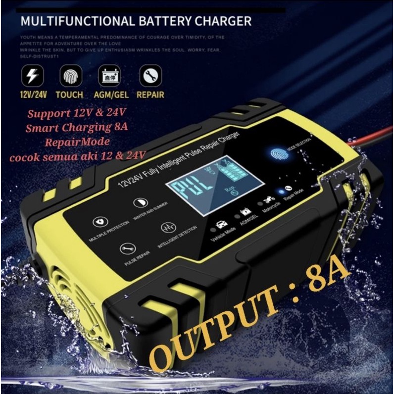 Foxsur Cas Aki charger Accu Motor Mobil repair battery 12V 24V 8A