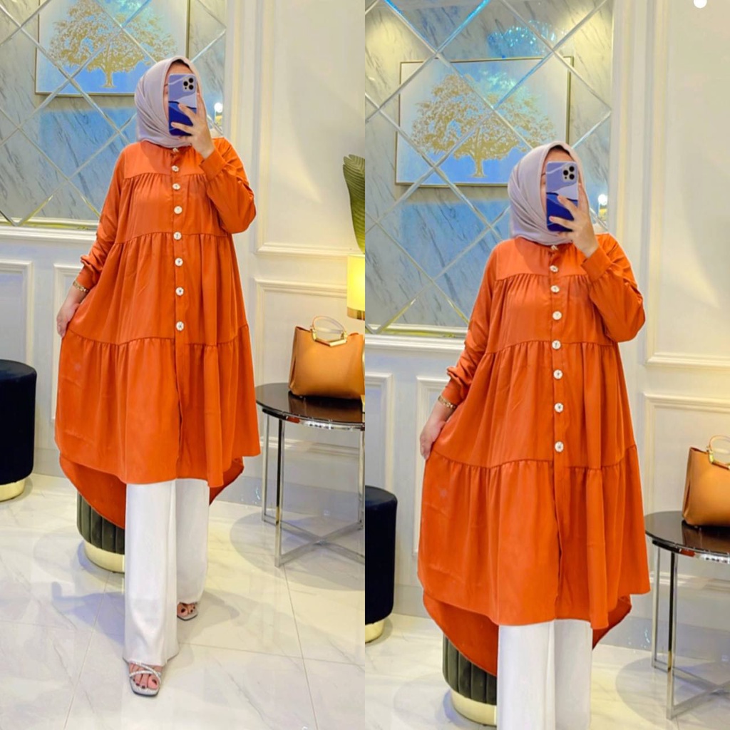 Tunik Shella Twiil Ori Premium Baju Wanita Atasan Penguin Susun Kancing Lengan Panjang Kekinian LD 110cm