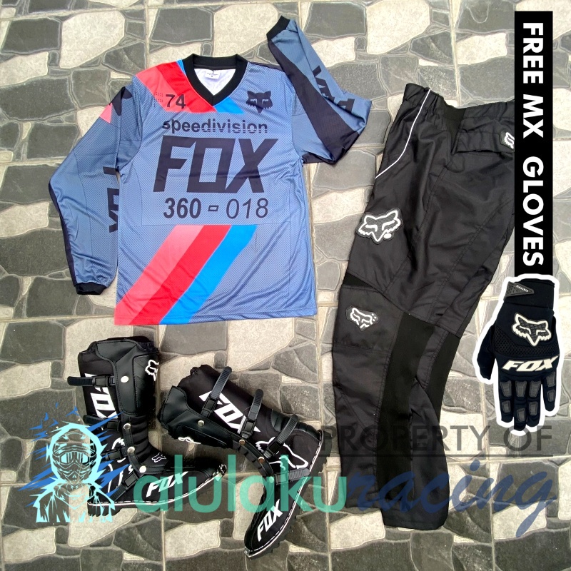 Jersey, Celana, Sarung Tangan &amp; Sepatu Fullprint with Protectors Fullset MX Trail Motocross - Paket Bundling FOCTFG110101-F41