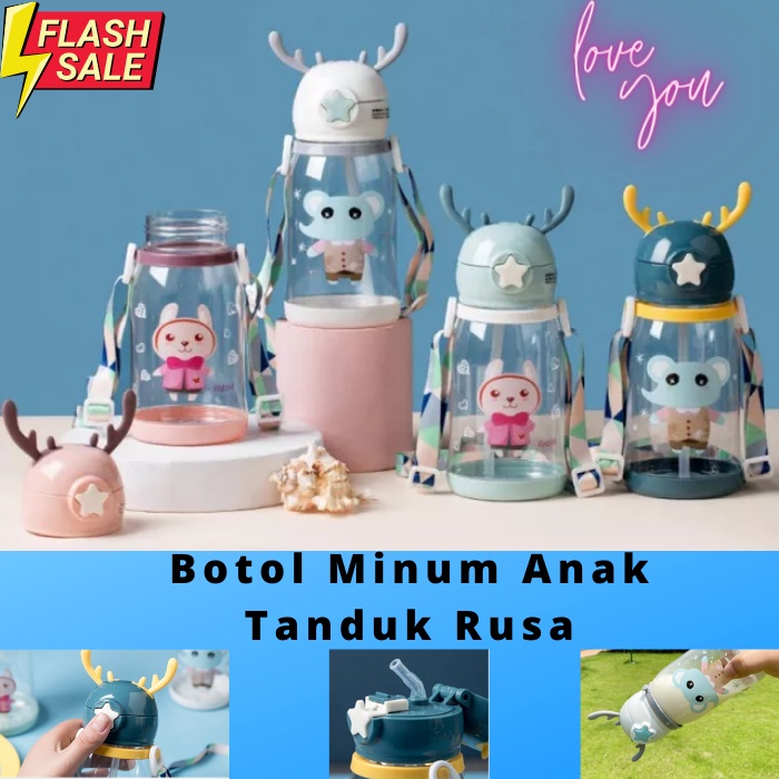 Botol Minum Sedotan Anak TK SD Tanduk Rusa Unicorn Botol Minum Tali Sedotan Anti Tumpah 700 ml