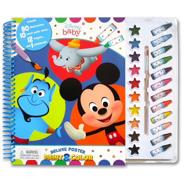 Disney Baby Deluxe Poster Paint & Color Book (80 Illustrations, 10 Water Paint Colors, 12 Crayons, 1