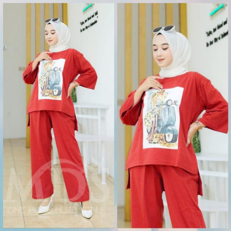 SCOOTER SET BO BAHAN COMBED APLIKASI SABLON UKURAN M L XL XXL PANJANG 67 - 75 CM LD 110 -120 CM SETELAN CELANA DAN ATASAN WANITA SETELAN WANIITA DEWASA MODEL SIMPLE DAN TERBARU 2022 DAPAT BAJU DAN CELANA