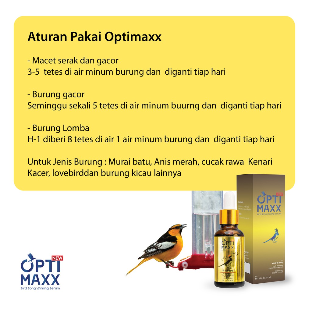 Optimaxx - Serum Vitamin Obat Tetes Burung Kicau Suara Gacor Master Di Gantangan Stimulus Daya Tahan Burung 30ml