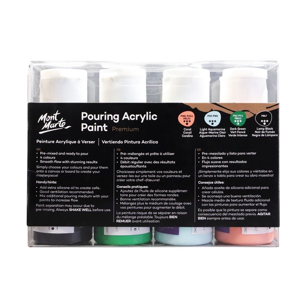 Mont Marte Pouring Acrylic Paint Set Premium 4pc x 60ml (2oz) - Rainforest