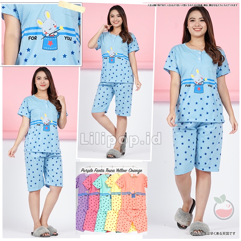 Lilipop.id  Baju Tidur Wanita 3/4 ALL SIZE STANDAR Magic Rabbit Setelan Piyama BabyDoll Kaos Celana Pendek