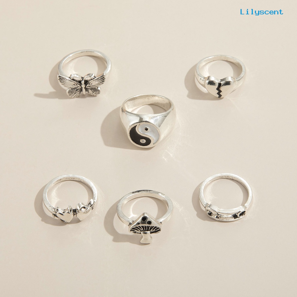 6pcs / Set Cincin Desain Butterfly Bahan Alloy Gaya Retro Stackable Untuk Aksesoris Perhiasan