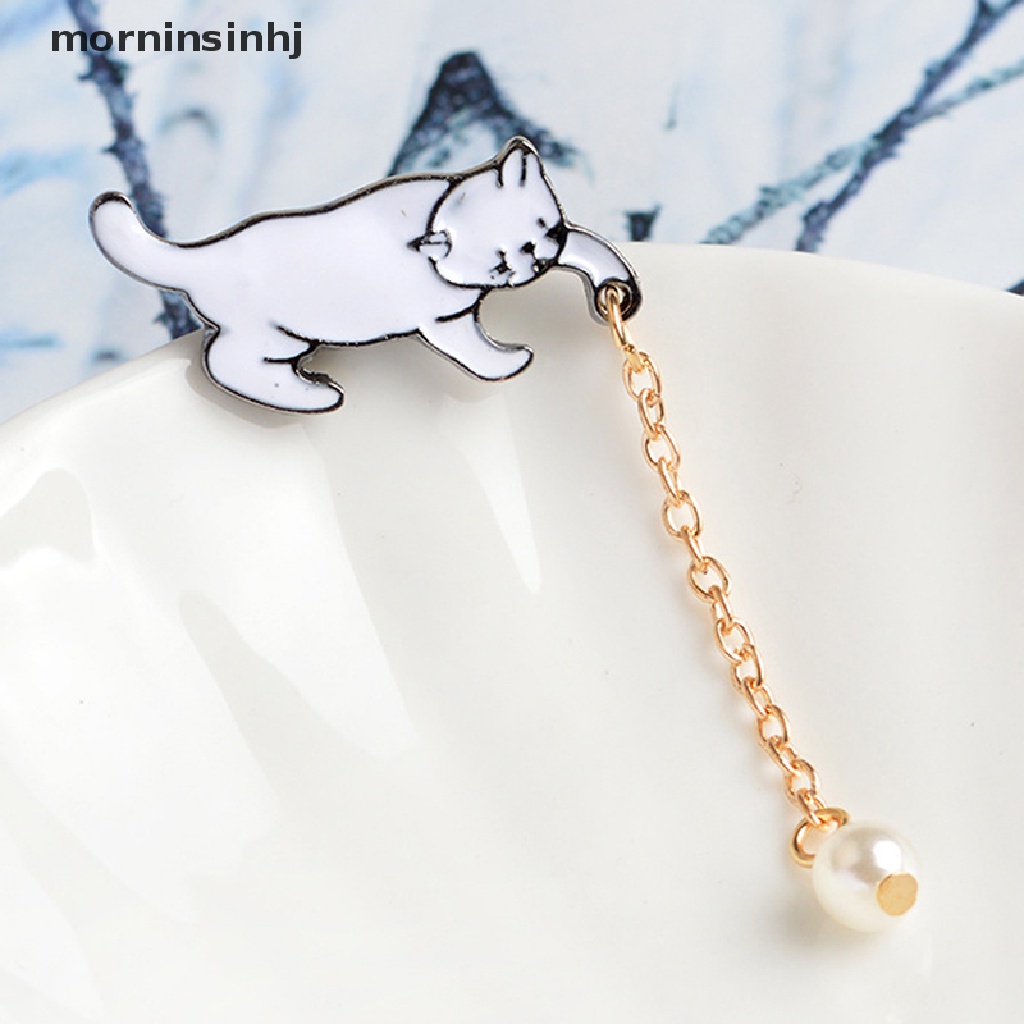 Mornin Bros Pin Enamel Kucing Lucu Hias Mutiara Untuk Aksesoris Kerah Kemeja Wanita