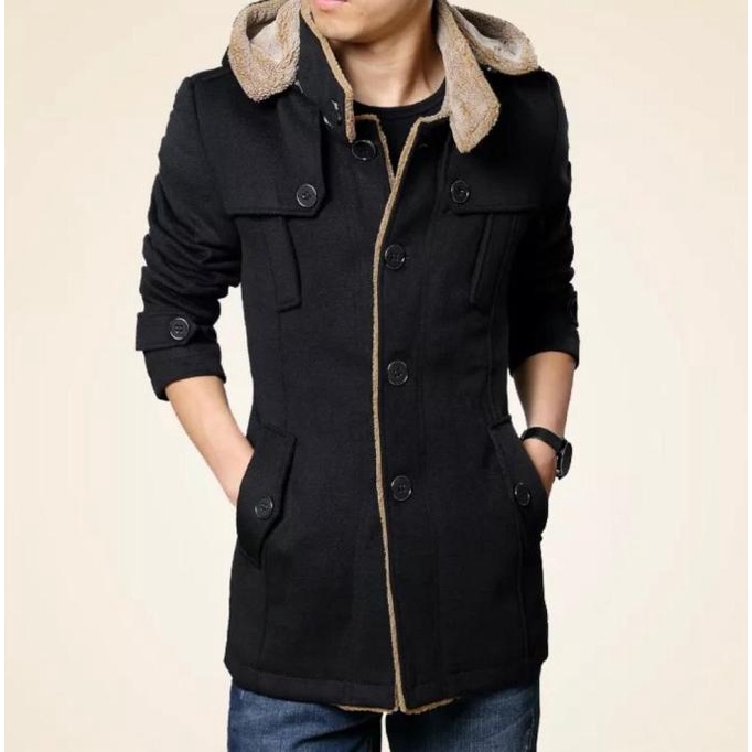 Coat Wool Suede Pria Hoodie Bisa Lepas