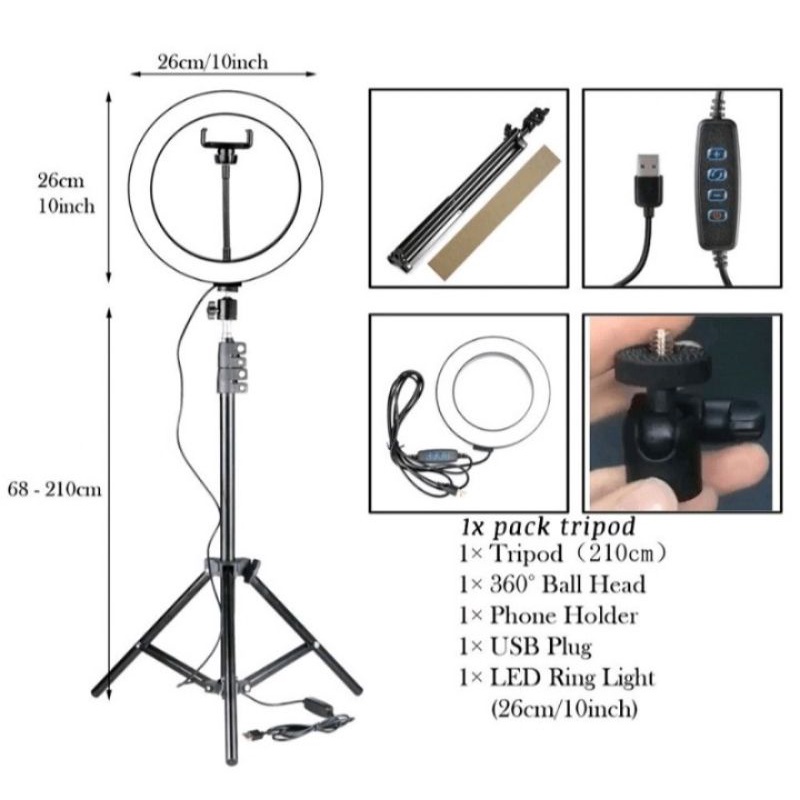 LAMPU RING LIGHT + TRIPOD 210M LAMPU SELFIE CAHAYA TERANG 3 MODE  CAHAYA 26CM