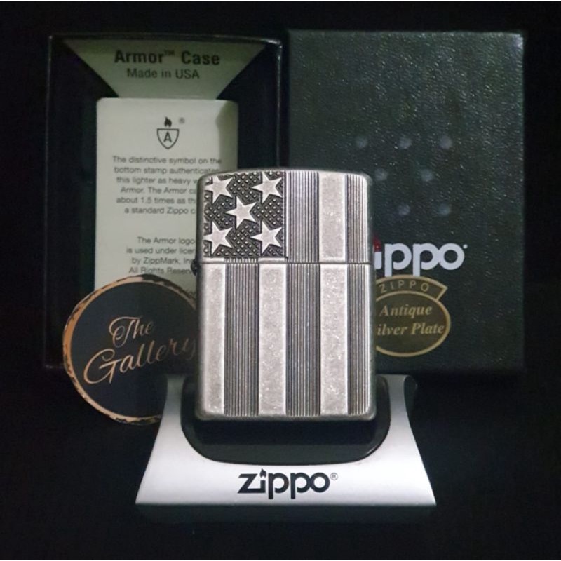 ⭐⭐⭐⭐⭐ 28974 ORIGINAL ZIPPO ARMOR US FLAG ANTIQUE SILVER