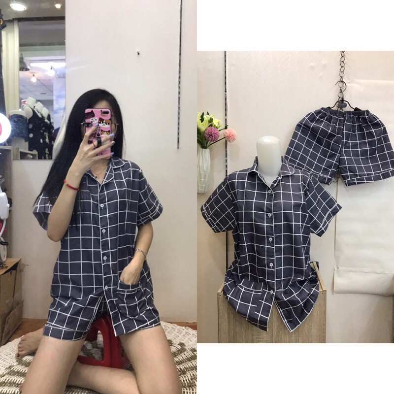 piyama/pajamas kotak&quot; HP katun abu murah.homewear/sleepwear/bajutidur cwe PP tartan grey kekinian