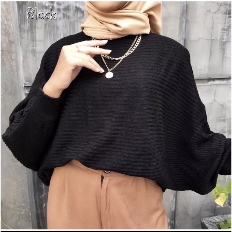 BLOUSE BAJU RAJUT BATWING | ATASAN WANITA MODEL KELELAWAR | OUTER RAJUT KALONG KNIT-Hitam